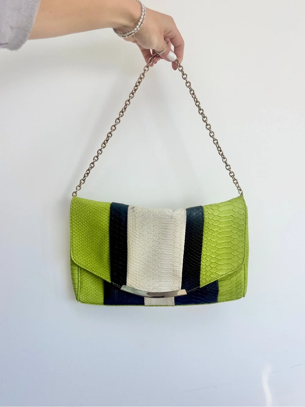 VINTAGE STRIPED SNAKE SKIN PYTHON Green color block contrast Shoulder Bag